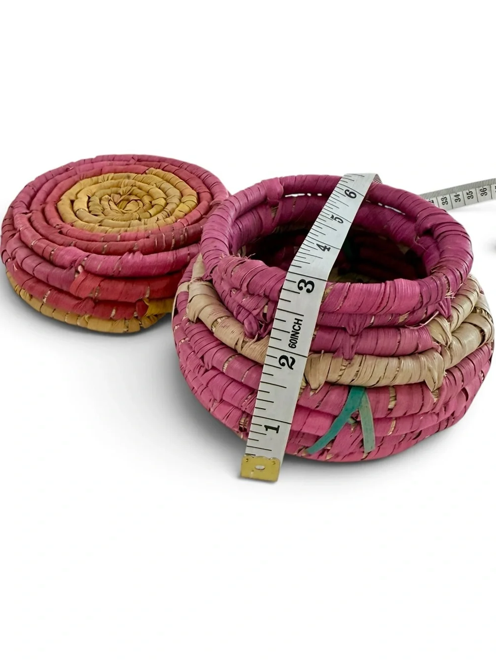 Handwoven Seagrass Trinket stash Box Pink and Yellow Home Accents